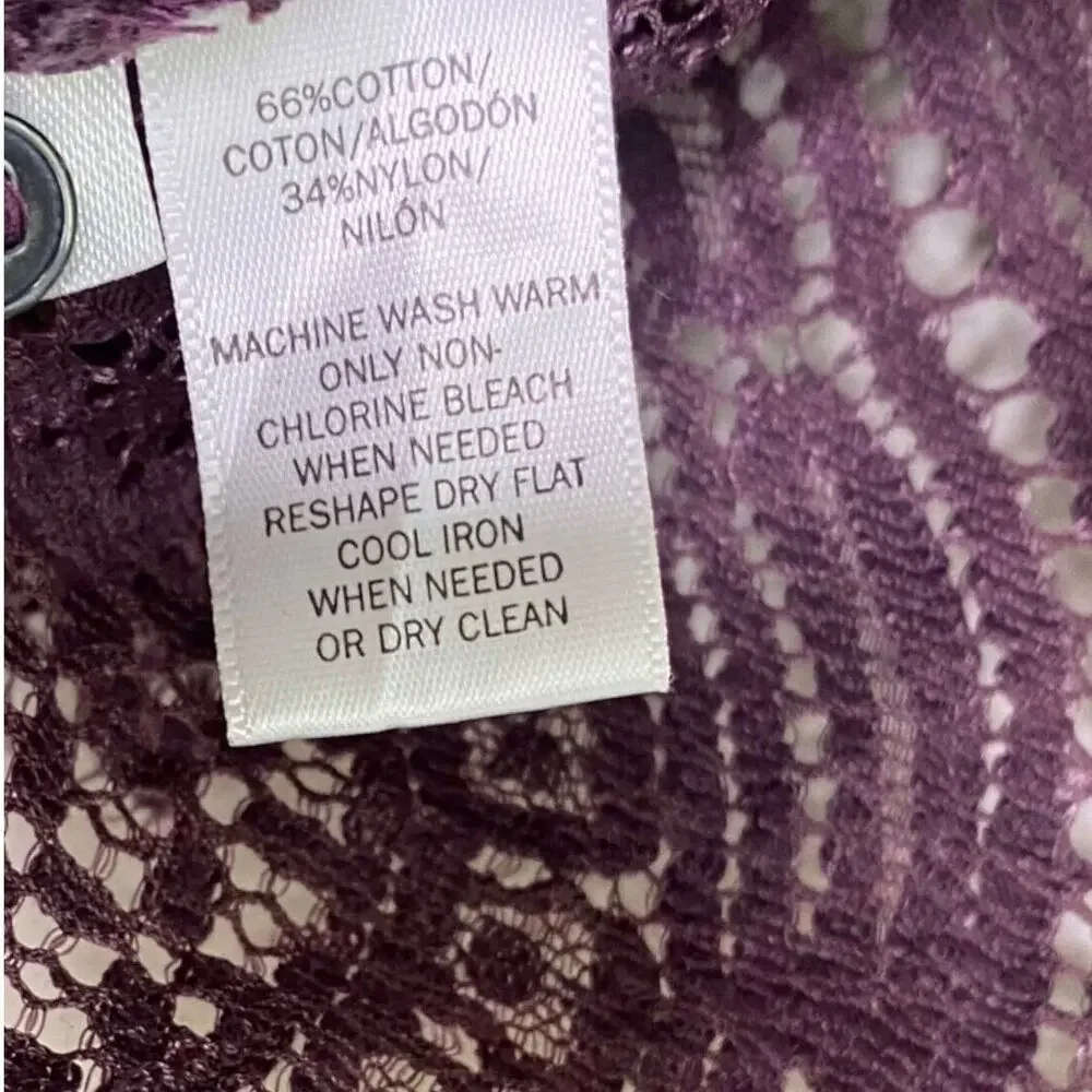 Ann Taylor Sheer Laced Long Sleeve Top Round Neck Key Hole Button XS Plum #4224